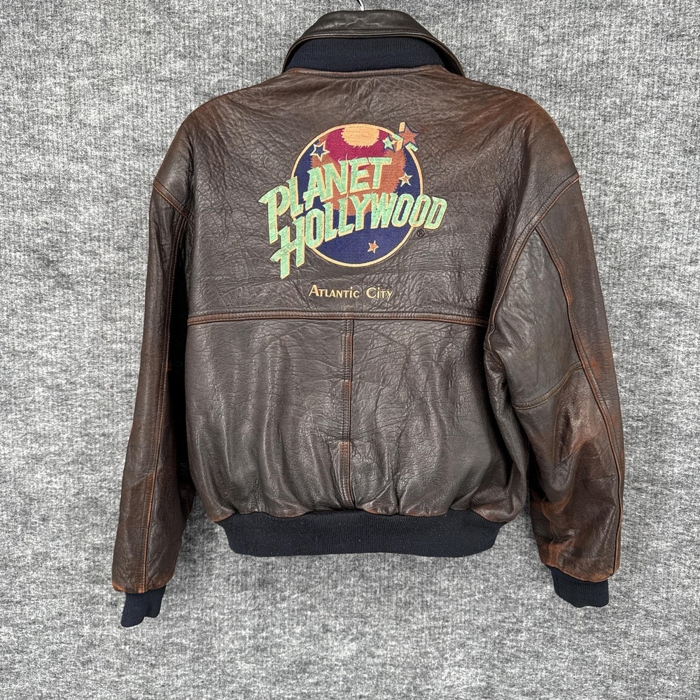 Vintage Planet Hollywood Leather Jacket Mens Large Brown Bomber Atlantic City
